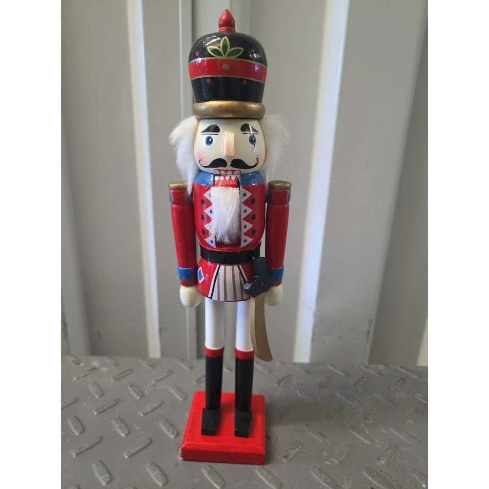 Wooden Christmas Nutcracker Black Hat, Red & Blue Glitter White Hair Tall